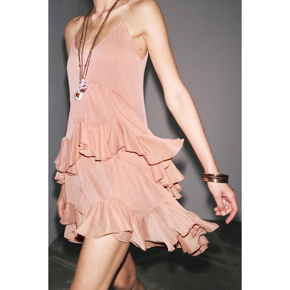 Zara Collection Short Ruffled Dress in Salmon Size XS Blogger Fave High Low - Picture 13 of 13